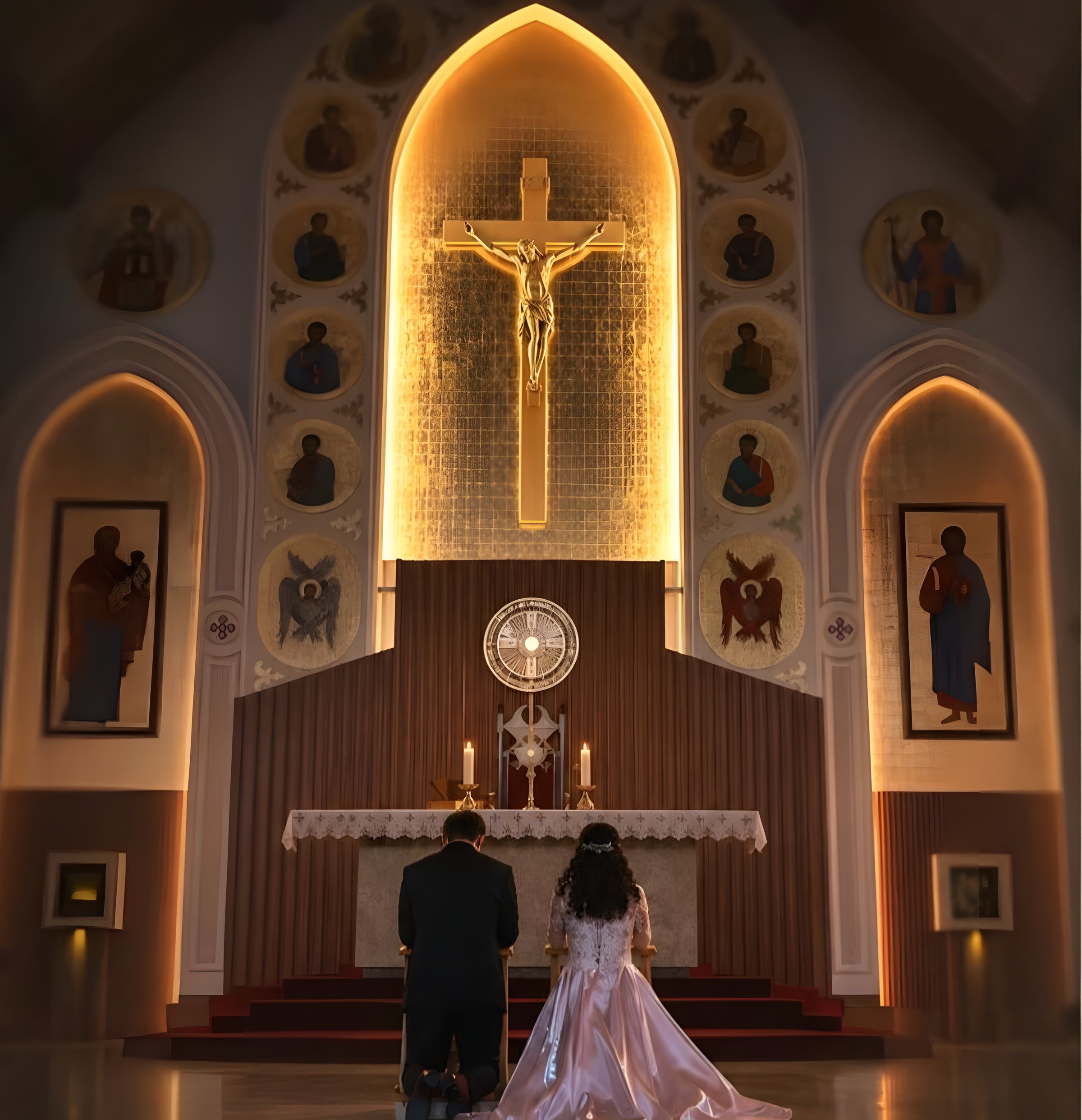 The couple kneeling before the altar